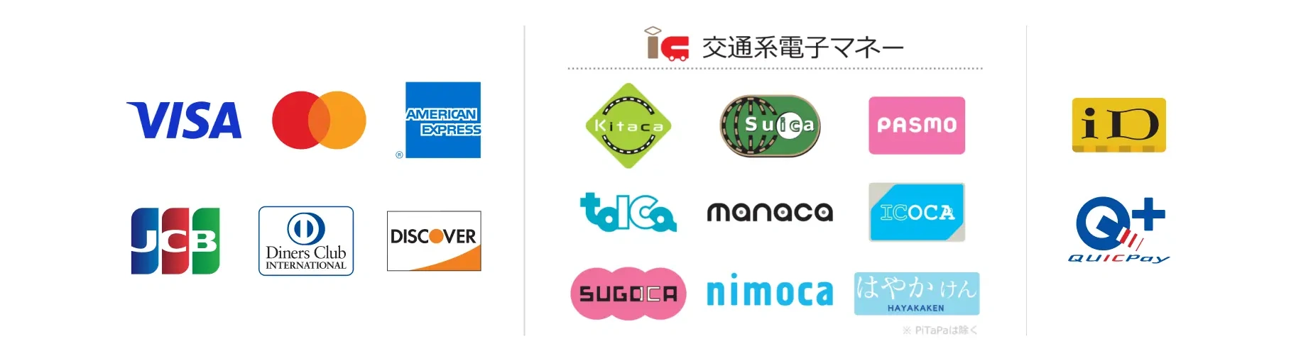 ご利用いただけるお支払い方法: クレジットカード(VISA・Mastercard・AMEX・JCB・Diners・Discover)、交通系電子マネー(Suica・PASMO等)、iD、QUICPay
